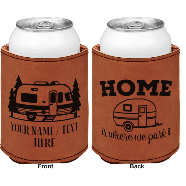 Flamingo & Camping Cognac Leatherette Can Sleeve - Double Sided Front and Back