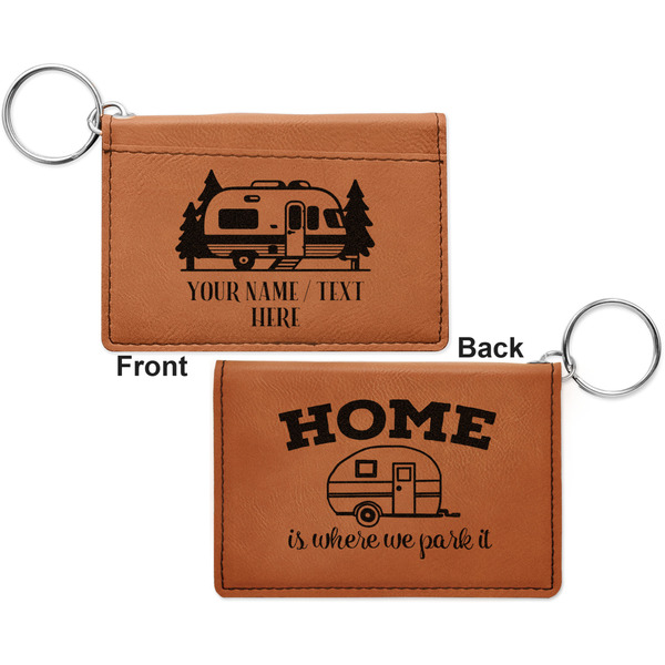 Flamingo & Camping Cognac Leatherette Keychain ID Holders - Front and Back Apvl