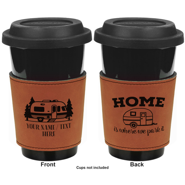 Flamingo & Camping Cognac Leatherette Mug Sleeve - Double Sided Approval