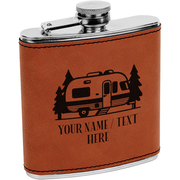 Custom Flamingo & Camping Leatherette Wrapped Stainless Steel Flask
