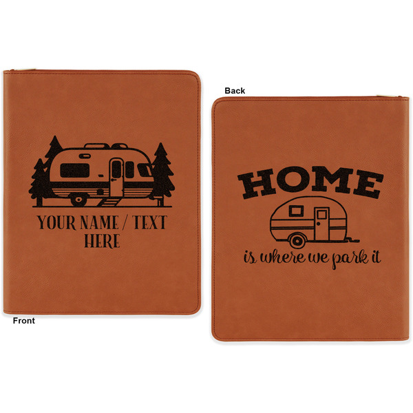 Flamingo & Camping Cognac Leatherette Zipper Portfolios with Notepad - Double Sided - Apvl