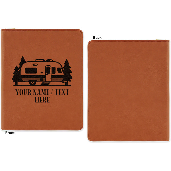 Flamingo & Camping Cognac Leatherette Zipper Portfolios with Notepad - Single Sided - Apvl