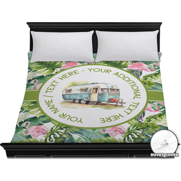 Custom Flamingo & Camping Duvet Cover - King (Personalized)