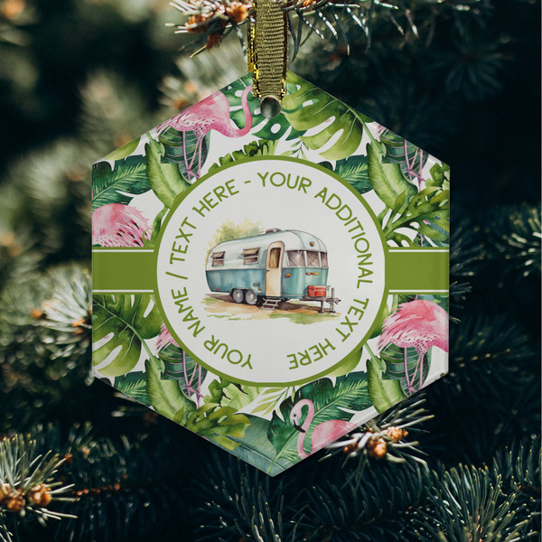 Flamingo & Camping Frosted Glass Ornament - Hexagon (Lifestyle)