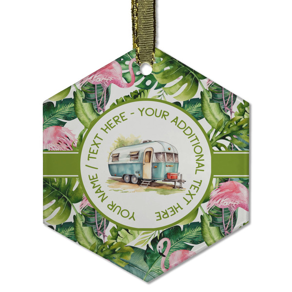 Flamingo & Camping Frosted Glass Ornament - Hexagon