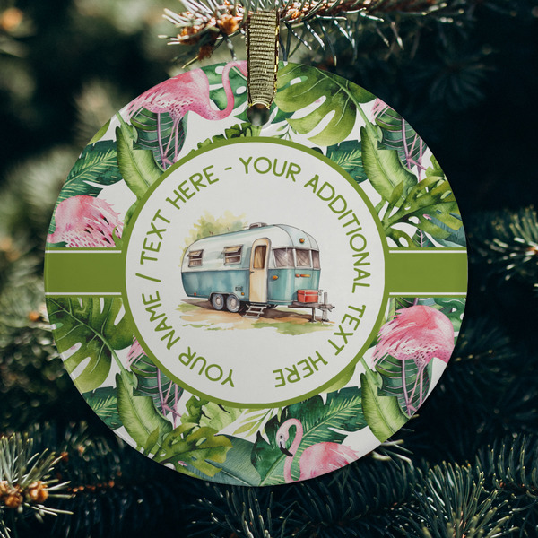 Flamingo & Camping Frosted Glass Ornament - Round (Lifestyle)