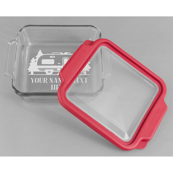 Flamingo & Camping Glass Cake Dish - 8"x8" - Dish w/ Lid