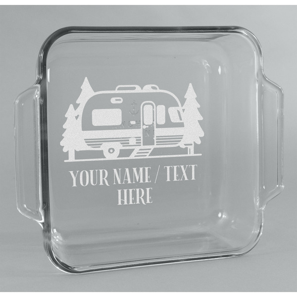 Custom Flamingo & Camping Glass Cake Dish - 8in x 8in