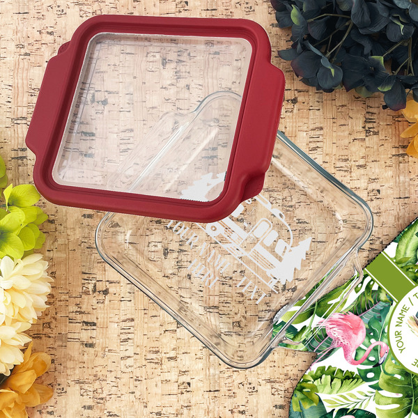 Flamingo & Camping Glass Cake Dish - 8"x8" - Lifestyle