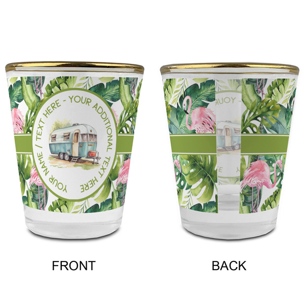 Flamingo & Camping Glass Shot Glass - Gold Rim - Front & Back