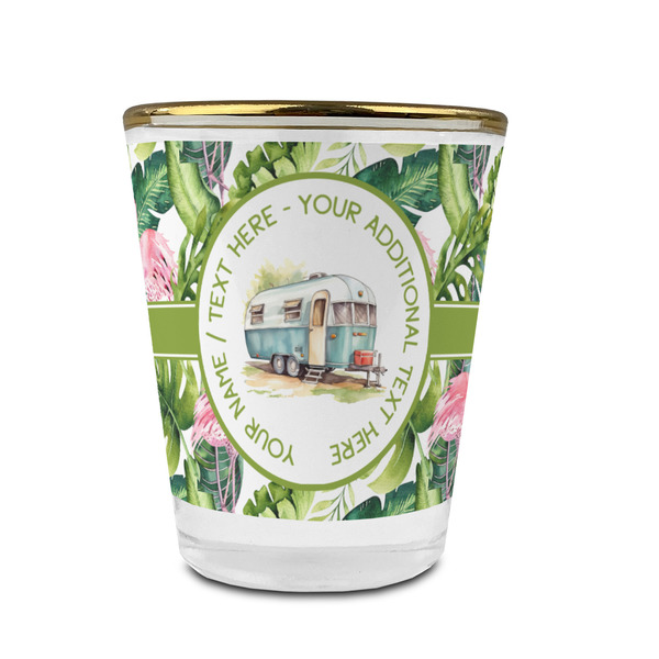 Custom Flamingo & Camping Glass Shot Glasses - 1.5 oz - with Gold Rim - Set of 4 (Personalized)