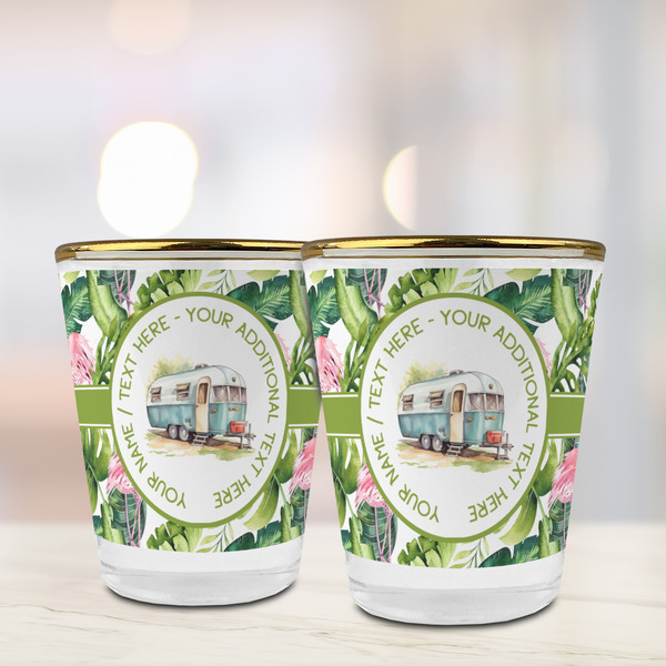 Flamingo & Camping Glass Shot Glass - Gold Rim - Lifestyle