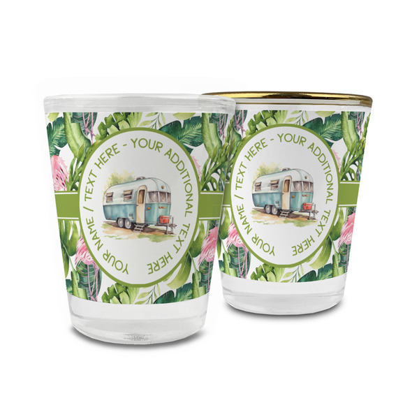 Custom Flamingo & Camping Glass Shot Glass - 1.5 oz (Personalized)