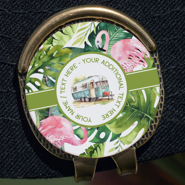 Flamingo & Camping Golf Ball Marker Hat Clip - Gold - Close Up