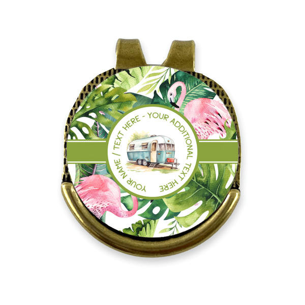 Flamingo & Camping Golf Ball Marker Hat Clip Gold - Front