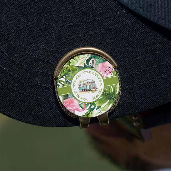 Flamingo & Camping Golf Ball Marker Hat Clip - Gold - On Hat