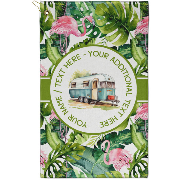 Custom Flamingo & Camping Golf Towel - Poly-Cotton Blend - Small (Personalized)