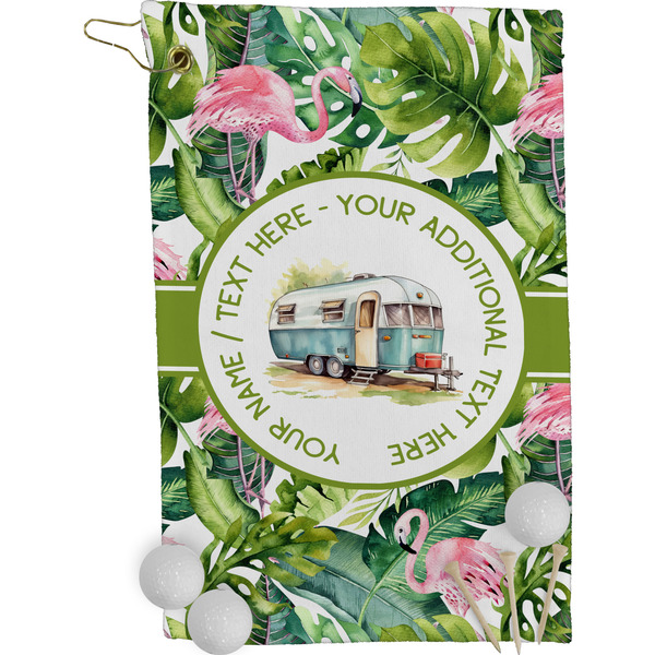 Flamingo & Camping Golf Towel (Personalized) - FRONT (Small Full Print)