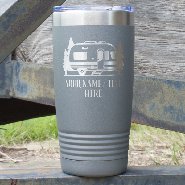 Custom Flamingo & Camping 20 oz Stainless Steel Tumbler - Grey - Double-Sided (Personalized)