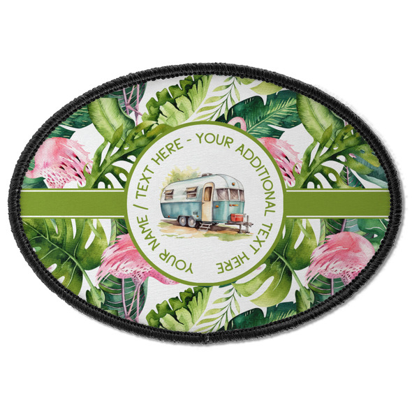 Flamingo & Camping Iron On Patch - Oval - Front