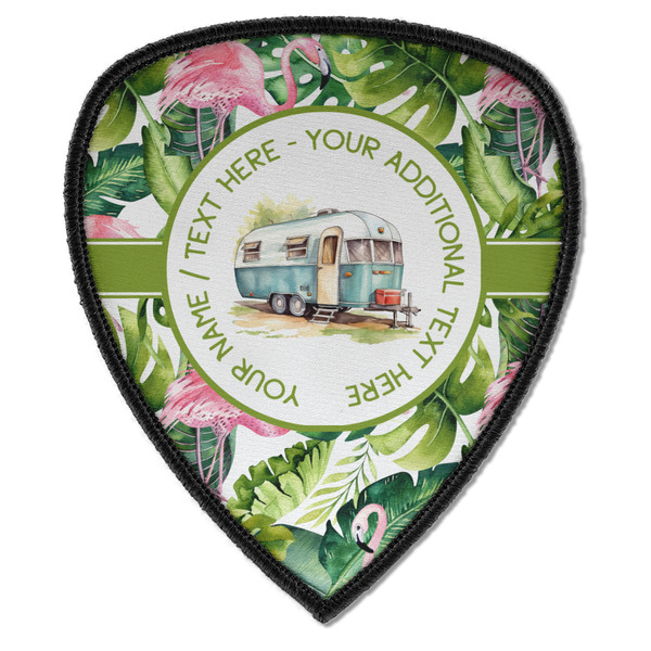 Flamingo & Camping Iron On Patch - Shield - Style A - Front