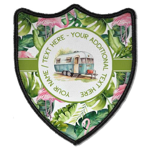 Flamingo & Camping Iron On Patch - Shield - Style B - Front