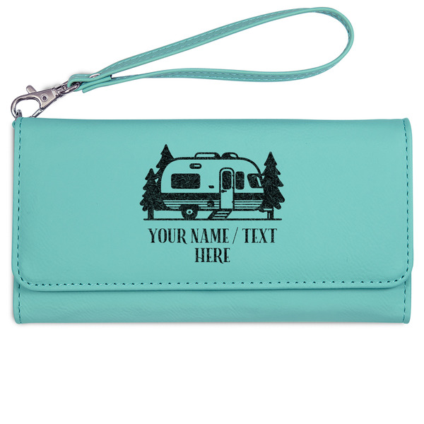 Custom Flamingo & Camping Ladies Leatherette Wallet - Laser Engraved - Teal