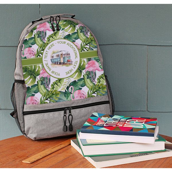 Flamingo & Camping Large Backpack - Gray - On Desk
