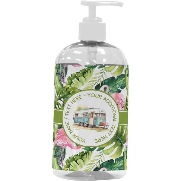 Custom Flamingo & Camping Plastic Soap / Lotion Dispenser - 16 oz - Large - White (Personalized)