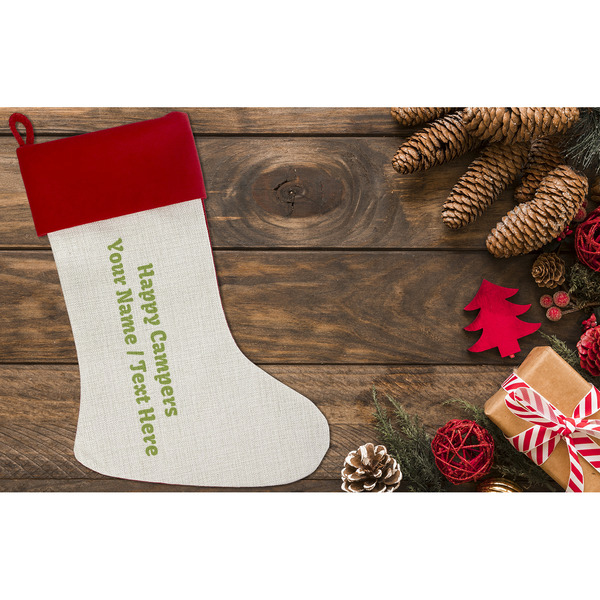 Flamingo & Camping Linen Stocking w/Red Cuff - Flat Lay (LIFESTYLE)