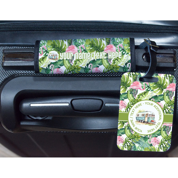Flamingo & Camping Metal Luggage Tag & Handle Wrap - In Context