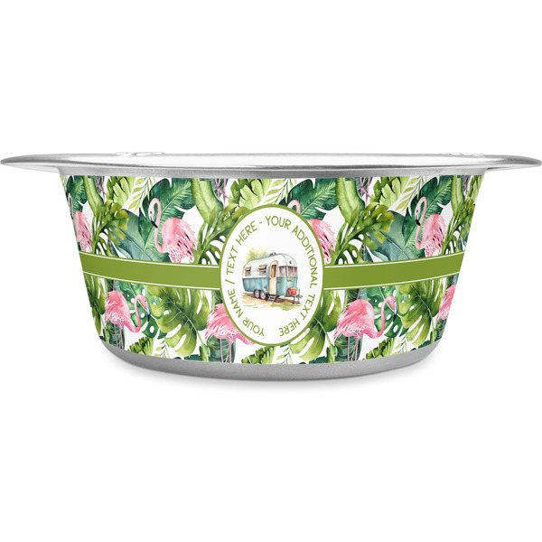 Custom Flamingo & Camping Stainless Steel Dog Bowl - Large (Personalized)