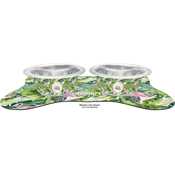 Flamingo & Camping Metal Pet Bowls - On Dog Bone Shaped Mat