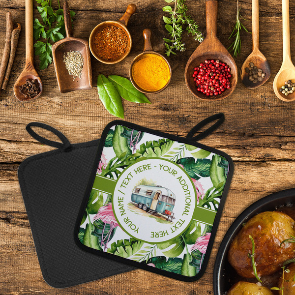 Flamingo & Camping Neoprene Pot Holder - Set of 2  LIFESTYLE (Flatlay)