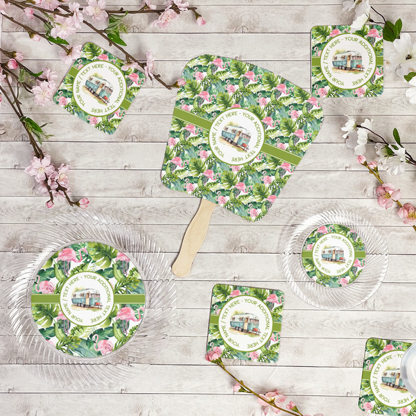 Flamingo & Camping Party Supplies Combination Image - All items - Plates, Coasters, Fans