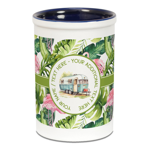 Custom Flamingo & Camping Ceramic Pencil Holders - Blue