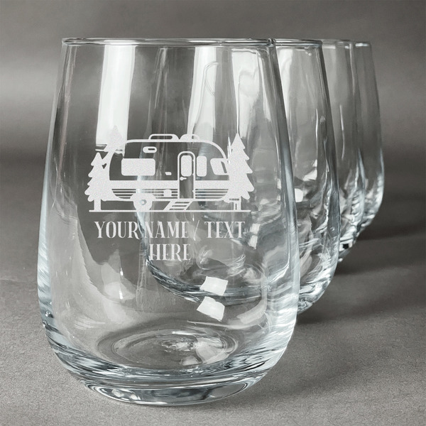 Custom Flamingo & Camping Stemless Wine Glasses - Laser Engraved- Set of 4