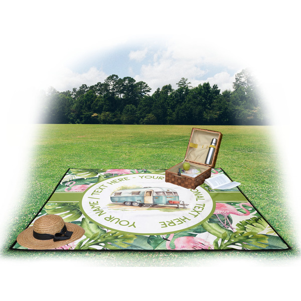 Flamingo & Camping Picnic Blanket - with Basket Hat and Book - in Use