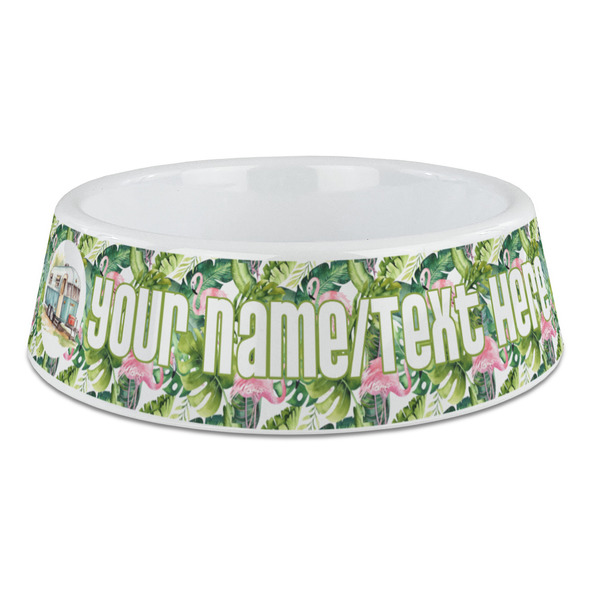 Custom Flamingo & Camping Plastic Dog Bowl - Large