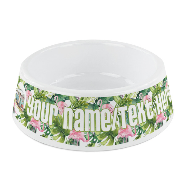 Custom Flamingo & Camping Plastic Dog Bowl - Small