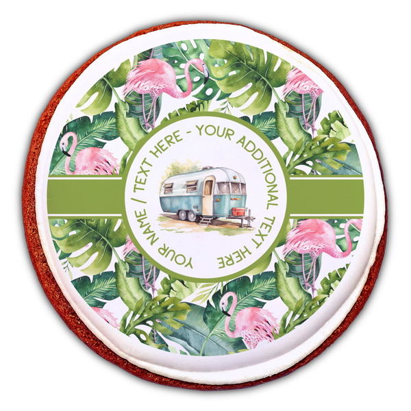 Flamingo & Camping Printed Icing Circle - Large - On Cookie