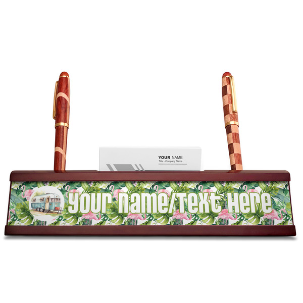 Flamingo & Camping Red Mahogany Nameplates with Business Card Holder - Straight