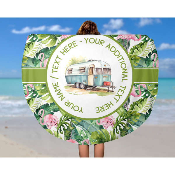 Flamingo & Camping Round Beach Towel - In Use