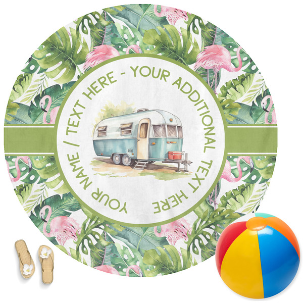 Custom Flamingo & Camping Round Beach Towel (Personalized)