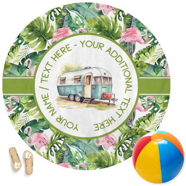Custom Flamingo & Camping Round Beach Towel (Personalized)