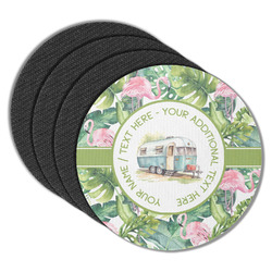 Flamingo & Camping Round Rubber Backed Coasters - Set of 4 (Personalized)