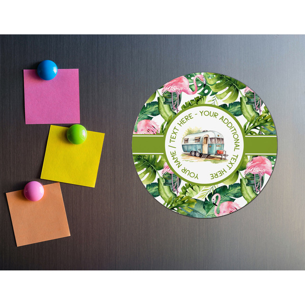 Flamingo & Camping Round Fridge Magnet - LIFESTYLE