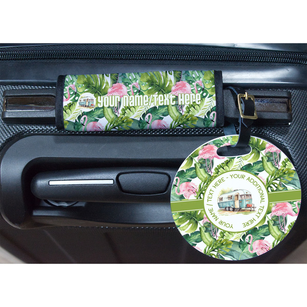 Flamingo & Camping Round Luggage Tag & Handle Wrap - In Context