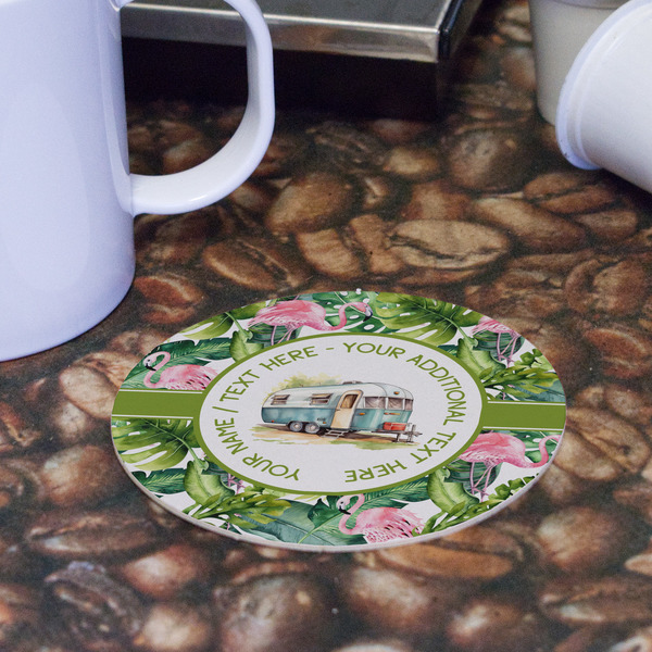 Flamingo & Camping Round Paper Coaster - Front