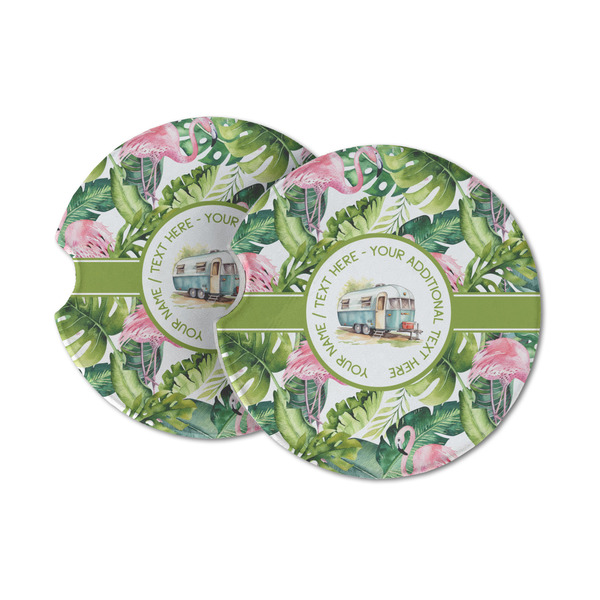 Custom Flamingo & Camping Sandstone Car Coasters - Set of 2 (Personalized)